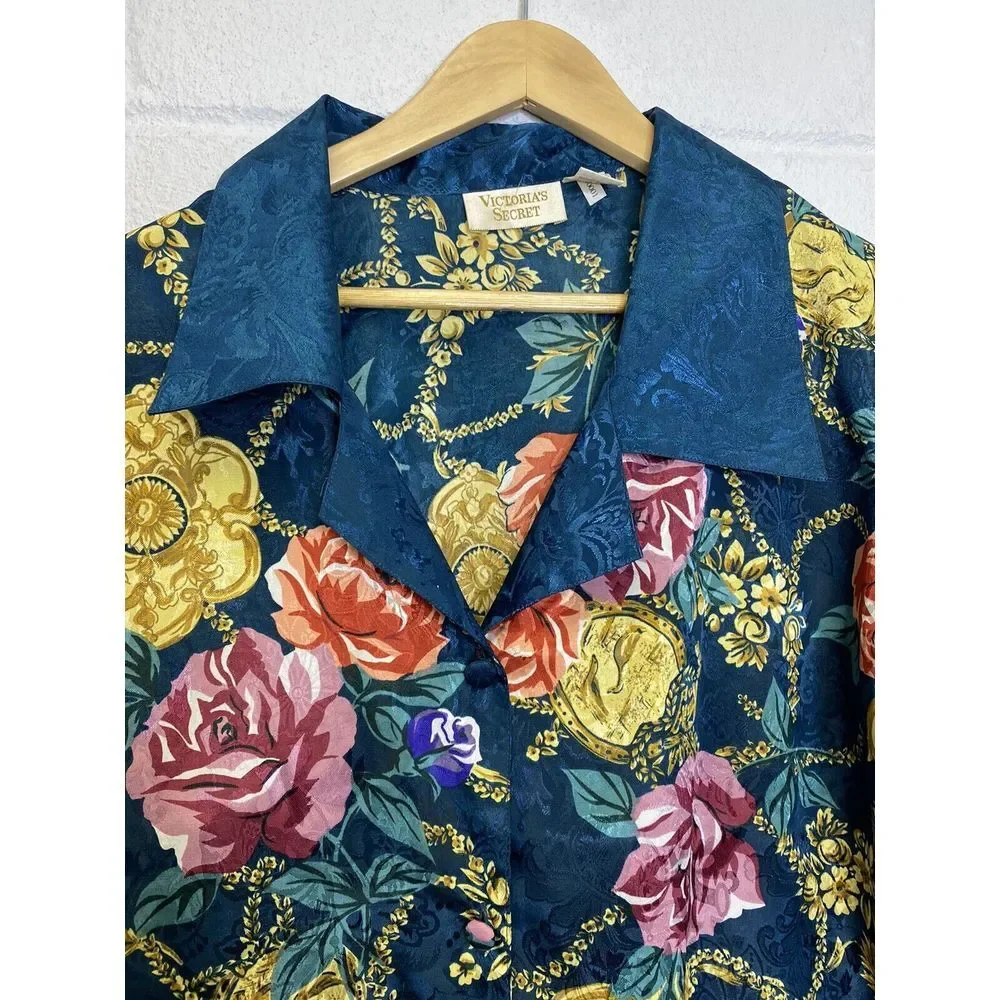 Vtg Victorias Secret Gold Label Button Sleep Shirt Small Roses Green Floral Gold